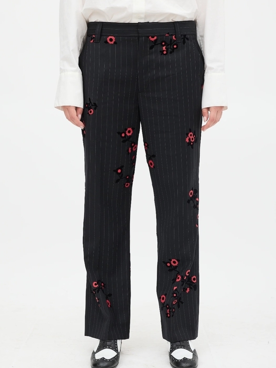 Marc Jacobs Pants - Marc Jacobs Black Pinstripe Trousers with Red Floral Appliqué